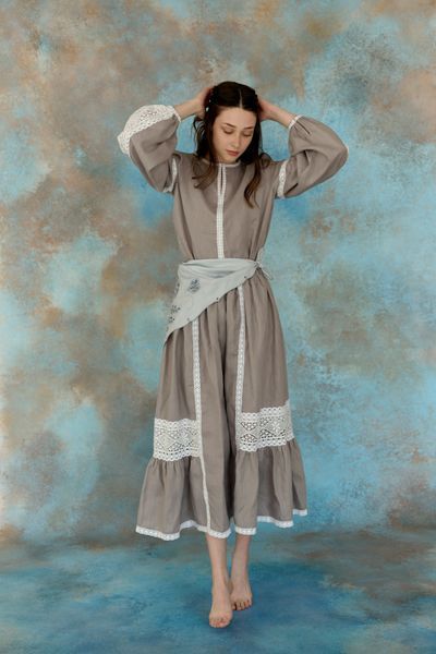 Лляна сіра сорочка з бавовняним мереживом "Мереживо туману" linen-ethno-grey фото