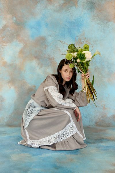 Лляна сіра сорочка з бавовняним мереживом "Мереживо туману" linen-ethno-grey фото
