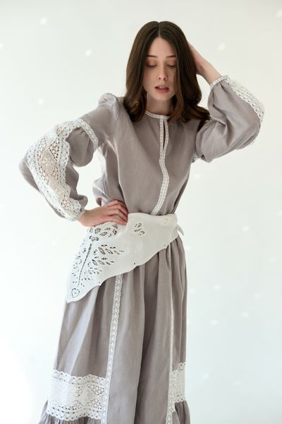 Лляна сіра сорочка з бавовняним мереживом "Мереживо туману" linen-ethno-grey фото